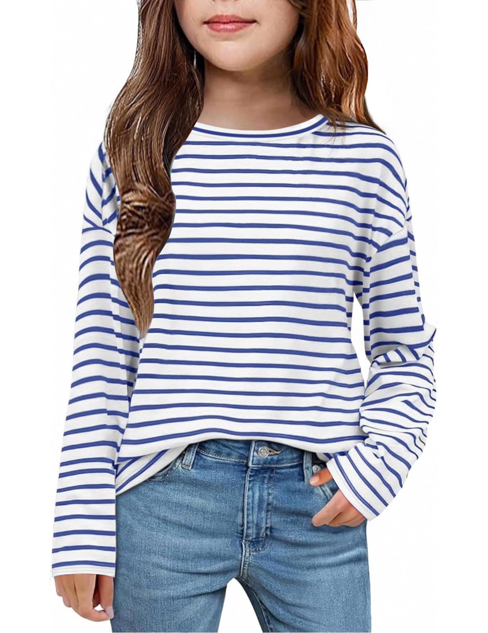 Arshiner Girls Striped Long Sleeve Shirts Drop Shoulder Casual Fashionable Crewneck Blouse Tee Tops