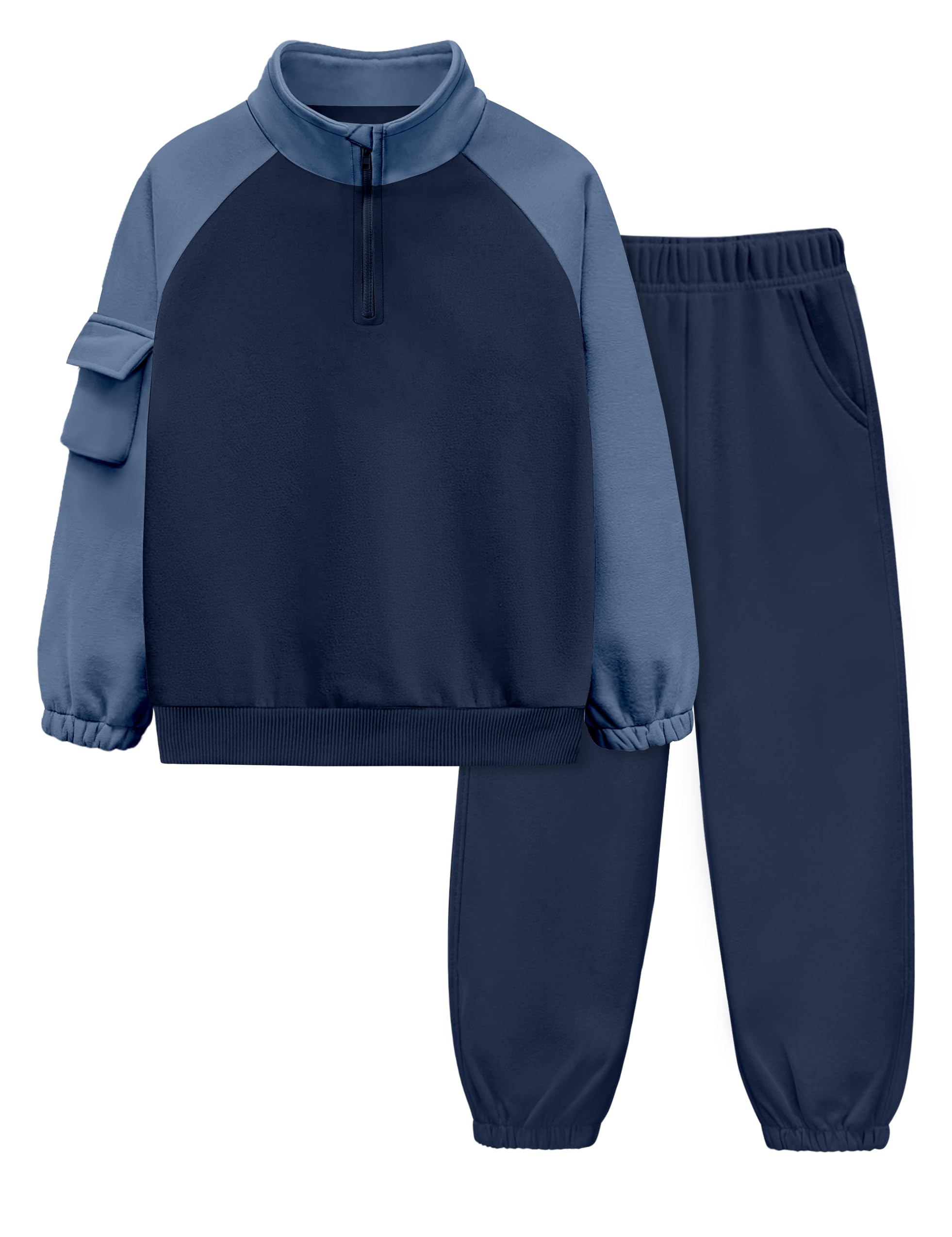 ADIRUN Boys Clothes Quarter Zip Long Sleeve with Pocket Sweatshirt Pants 2Pcs Color Block Fall Winter Outfits Set 6-12T