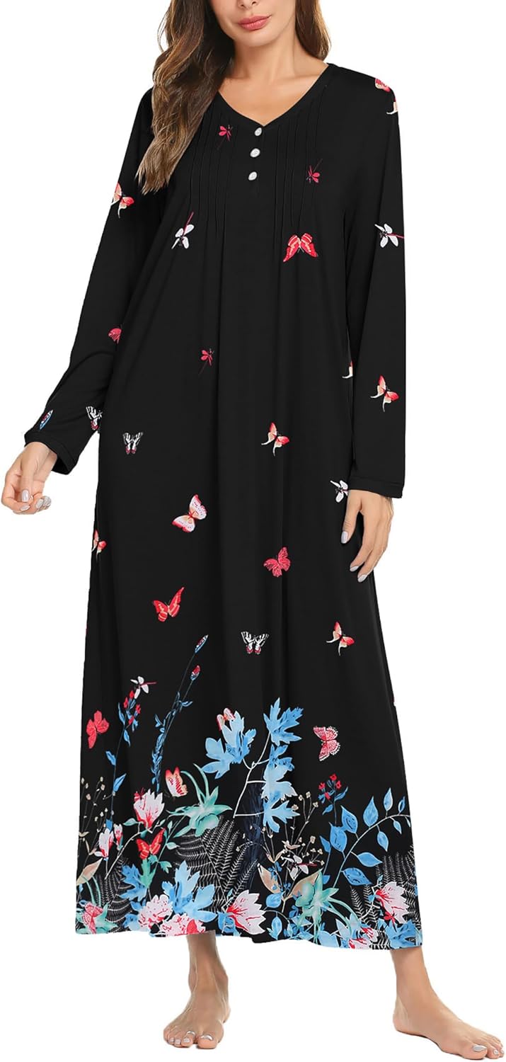 Ekouaer Women's Long Sleeve Nightgown Full Length Sleepwear Long Sleepshirts Henley Sleep Dress S-4XL-34