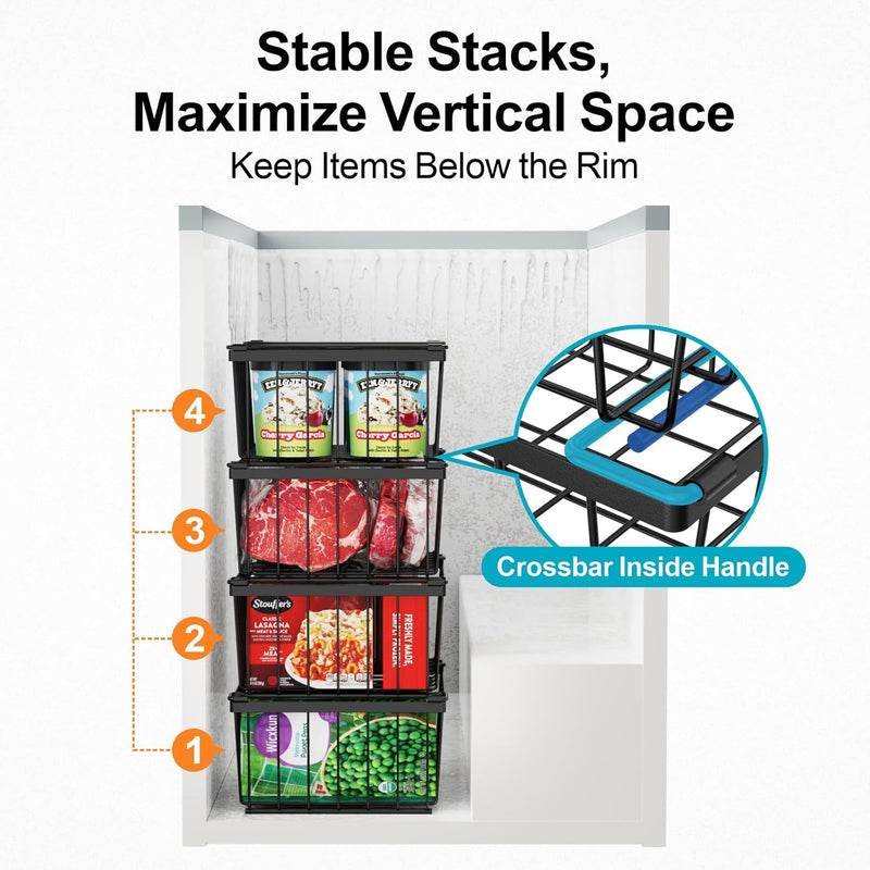 iSPECLE Freezer Organizer Bins - Storage Baskets for 5 Cu.Ft, 4 Pack | Easy Food Access, Stackable Wire Storage, Vertical Space for Frozen Food, Sorts Meat, Vegetables and Bagged Items, Home