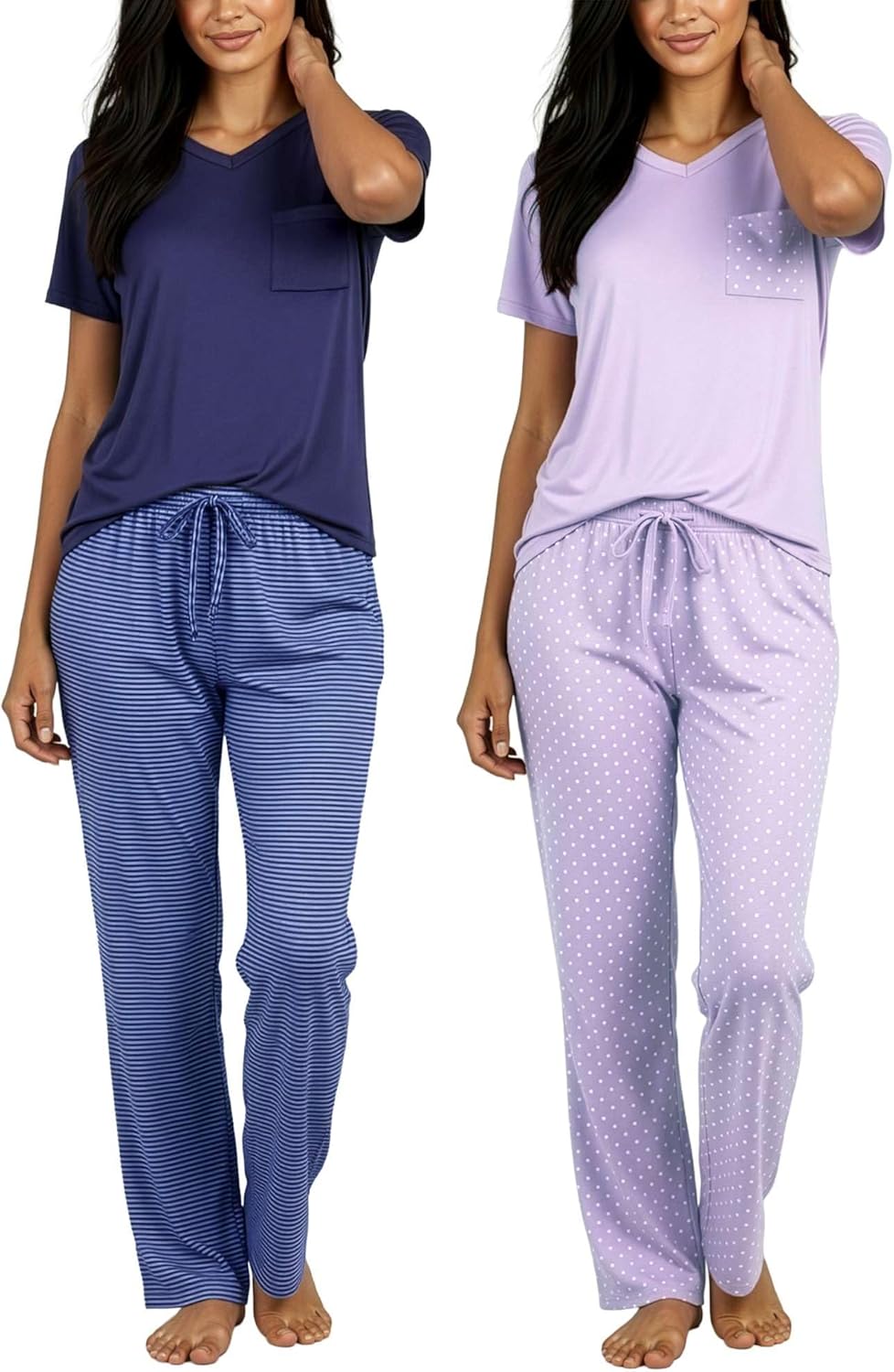 Real Essentials 2 Pack: Women's Comfy Pajama Sets - Short & Long Sleeve Ladies Loungewear Sleepwear PJs (Available In Plus)-76