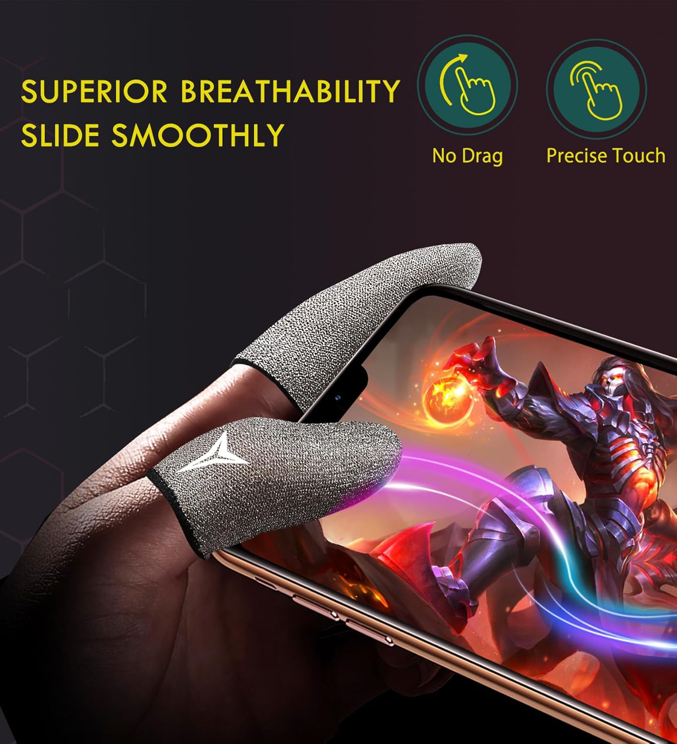 2025 Upgrade: Longer Size for 5 Fingers, Professional Pure Silver Fiber Finger Sleeves for Mobile Gaming–No More Slipping, Maximum Touch Sensitivity, Anti-Sweat,6 Pack (M)