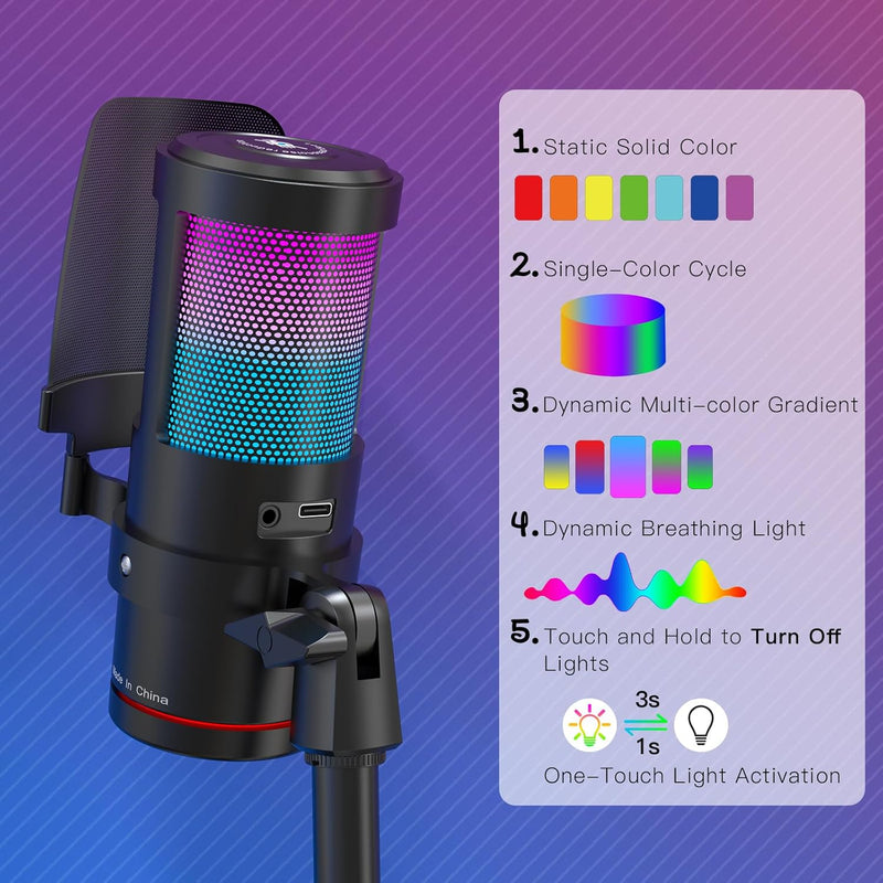 ZealSound Gaming USB Microphone, Noise Cancellation Condenser mic with RGB Light, Touch Mute, Gain, Monitoring for Streaming, Podcast, Twitch, YouTube, Discord, iPhone, iPad, Computer, PS4, PS5, Mac