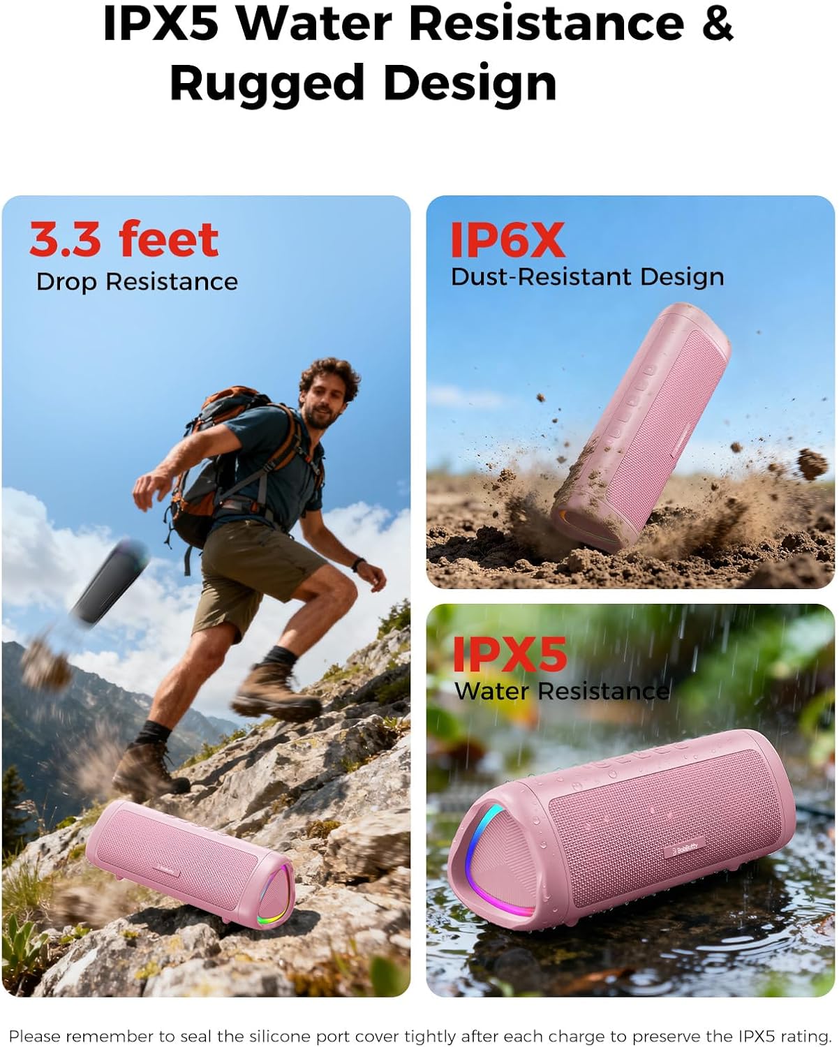 Bluetooth Speaker with HD Sound, Portable Wireless, IPX5 Waterproof, Up to 20H Playtime, TWS Pairing, BT5.3, for Home/Party/Outdoor/Beach, Electronic Gadgets, Birthday Gift (Pink)