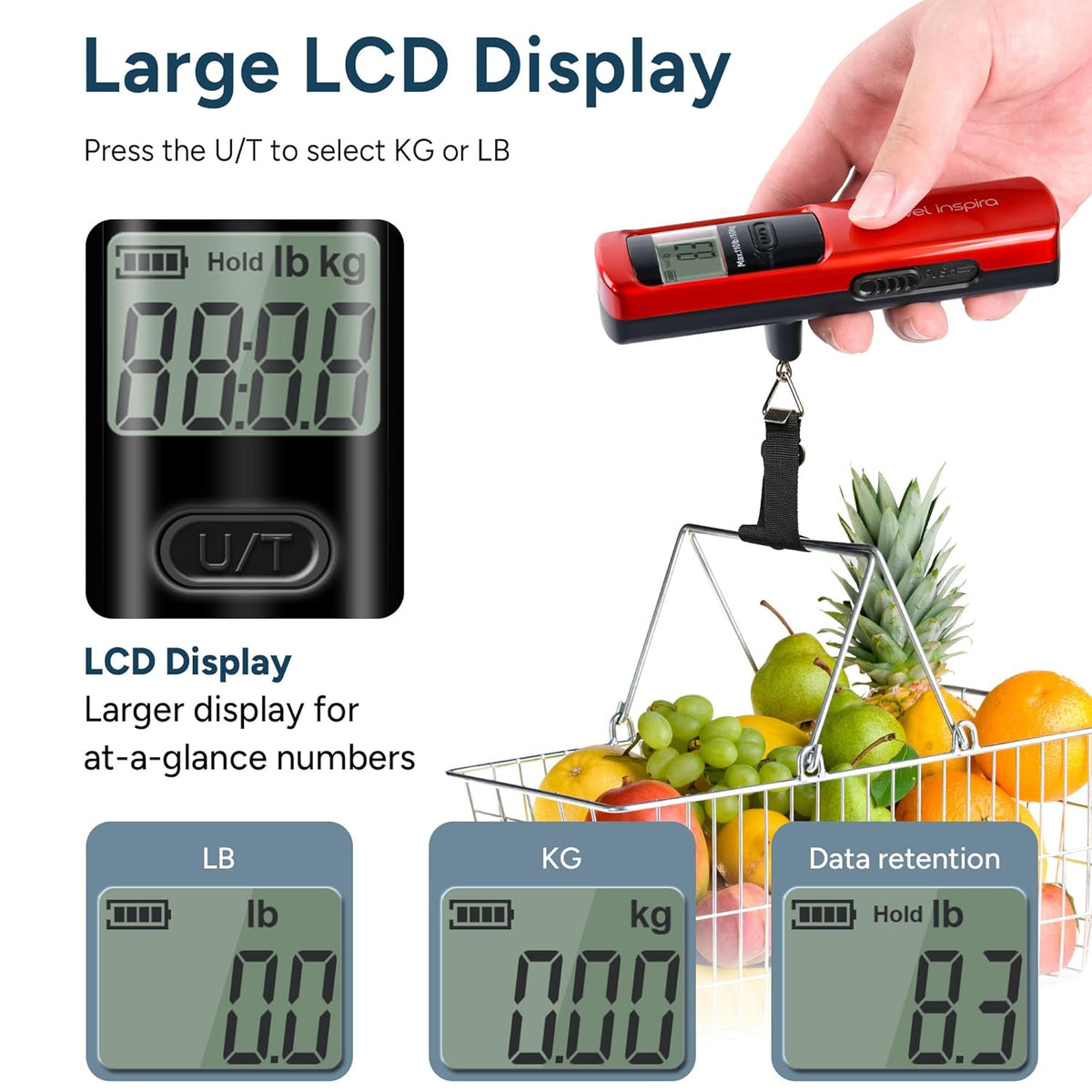 travel inspira Battery-Free Luggage Scale 110lb/50kg Digital Portable | Battery-free luggage scale, pump to power, 110lb/50kg, ±50g, lb/kg switch, tare, overload alert, travel essential