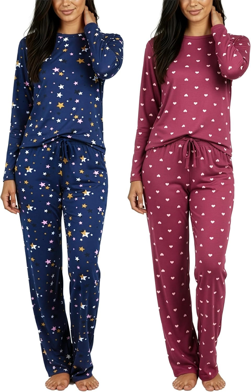 Real Essentials 2 Pack: Women's Comfy Pajama Sets - Short & Long Sleeve Ladies Loungewear Sleepwear PJs (Available In Plus)-94