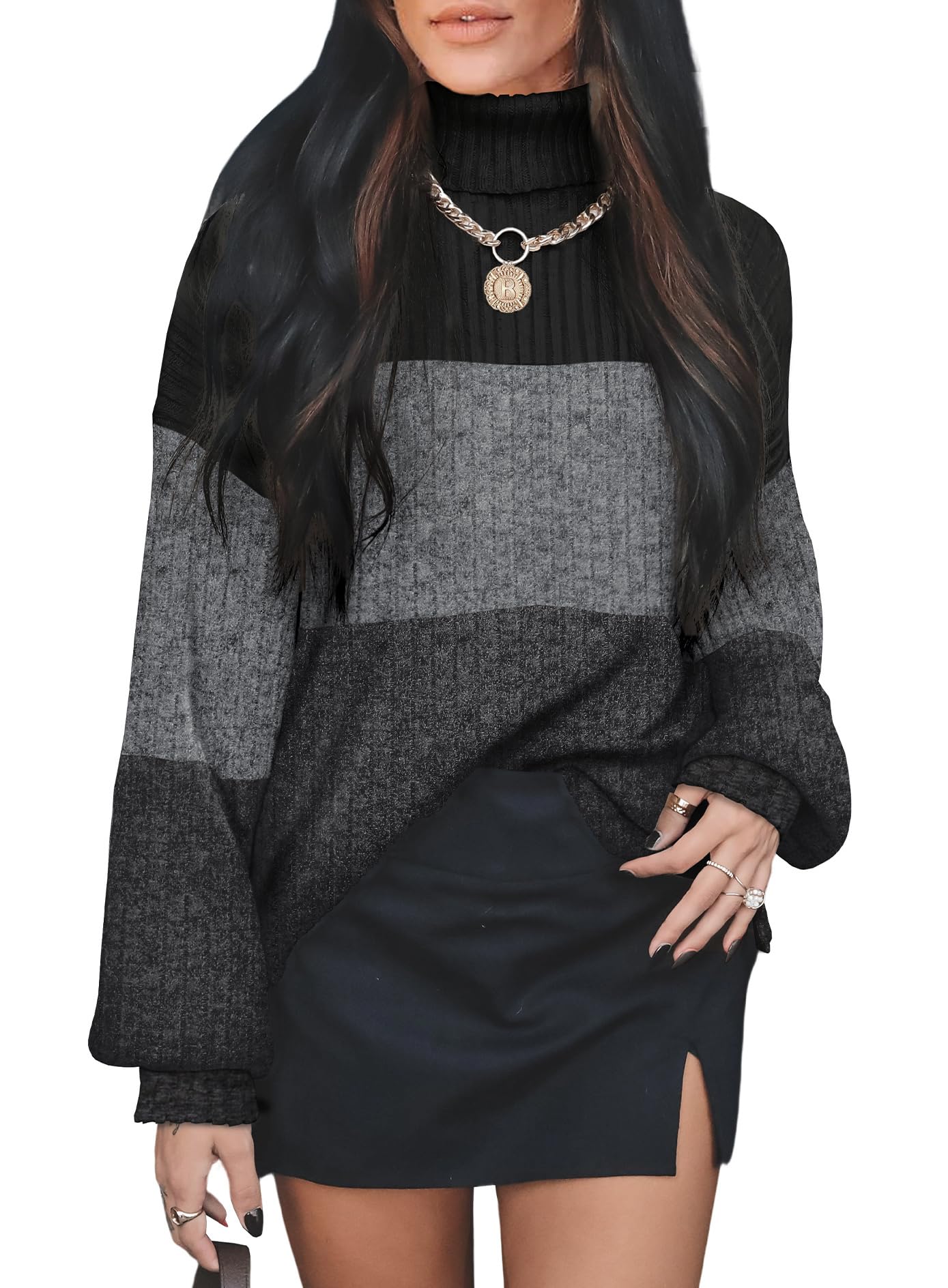 OFEEFAN Turtlenecks Tops for Women Oversized Sweaters Fall Outfits 2025 Plus Size Clothes Long Sleeve Shirts Color Block-7