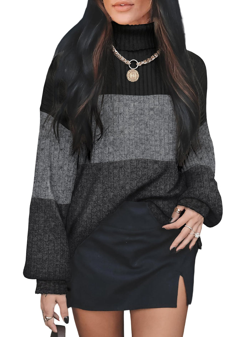 OFEEFAN Turtlenecks Tops for Women Oversized Sweaters Fall Outfits 2025 Plus Size Clothes Long Sleeve Shirts Color Block-26