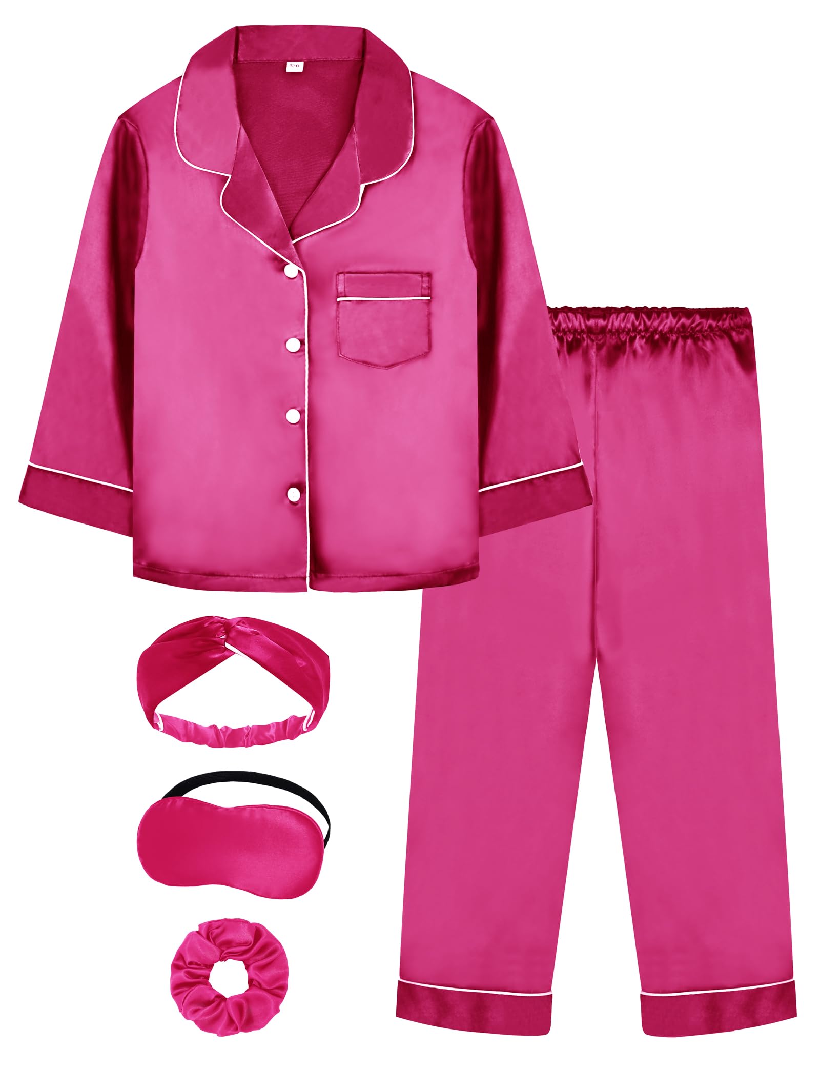 EPLAZA Kids Satin Pajamas Sets Girls Boys Button-Down Silky Pajamas Sleepwear with Hairband Eye Mask Hair Tie