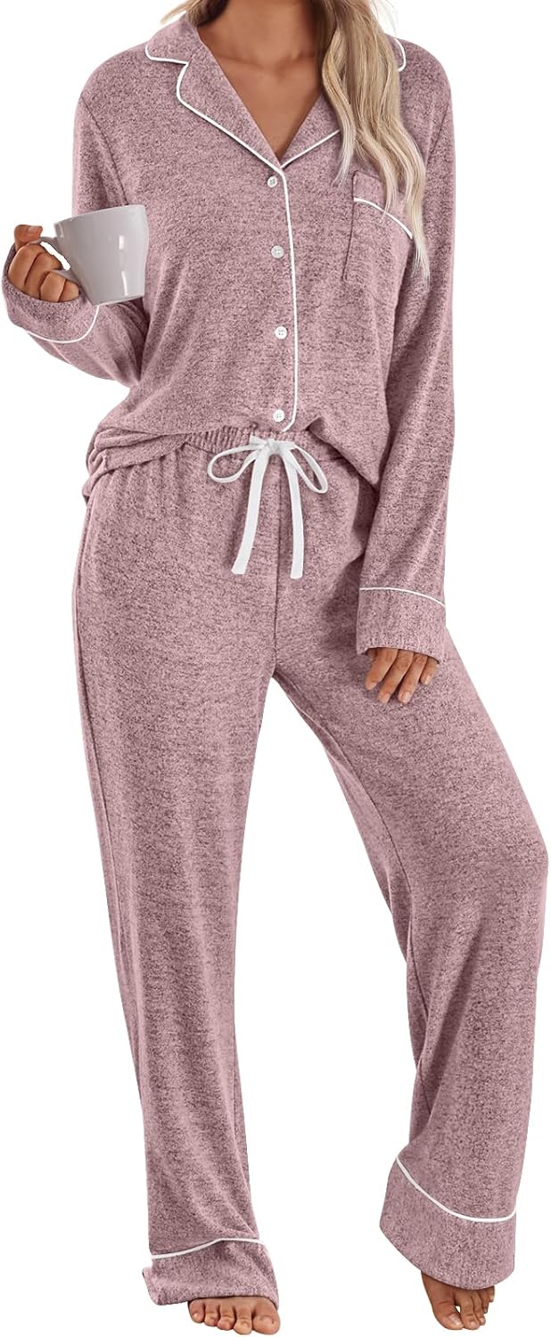 LILLUSORY Women's Long Sleeve Pajama Set - Soft Button-Down Top & Comfortable Drawstring Pants with Pockets-43