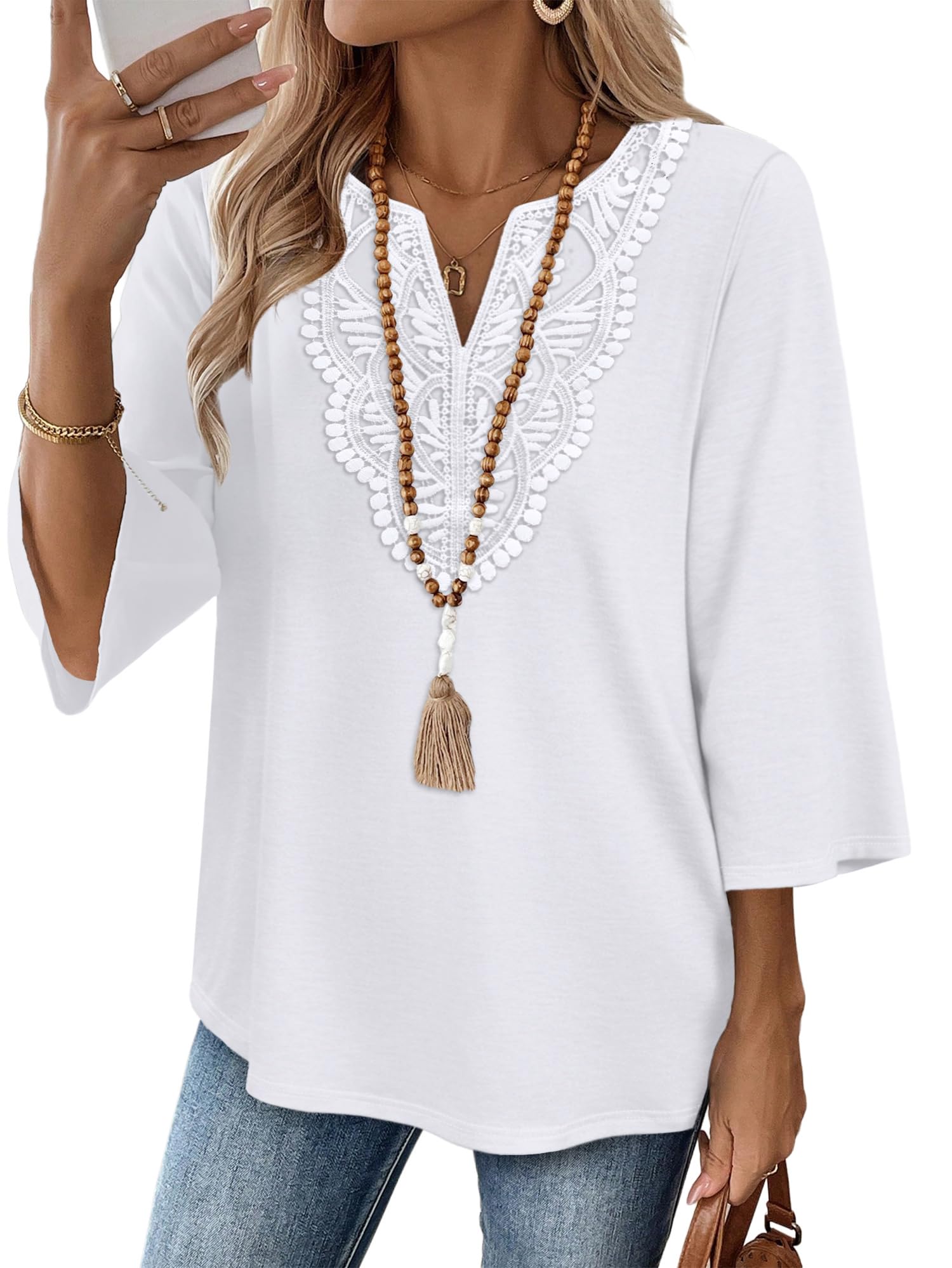 WIHOLL 3/4 Length Sleeve Womens Tops Boho V Neck Lace Shirt Trendy Blouses Dressy Casual Vacation Clothes S-3XL