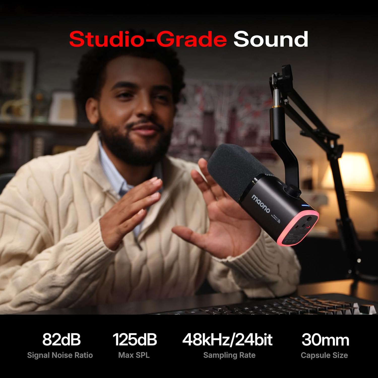 MAONO PD100W USB Wireless Microphone for PC, Gaming Streaming Dynamic Mic with One-Click Noise Reduction,Mute Button,Custom RGB, 3.5mm Headphone Jack, Desktop Podcasting Mic for Computer Phone, Black