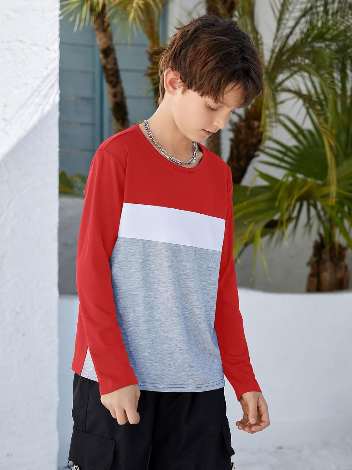 ZDC Kids Boys Long Sleeve T-Shirts Color Block Crewneck Fashion Basic Tee Tops 5-14 Years