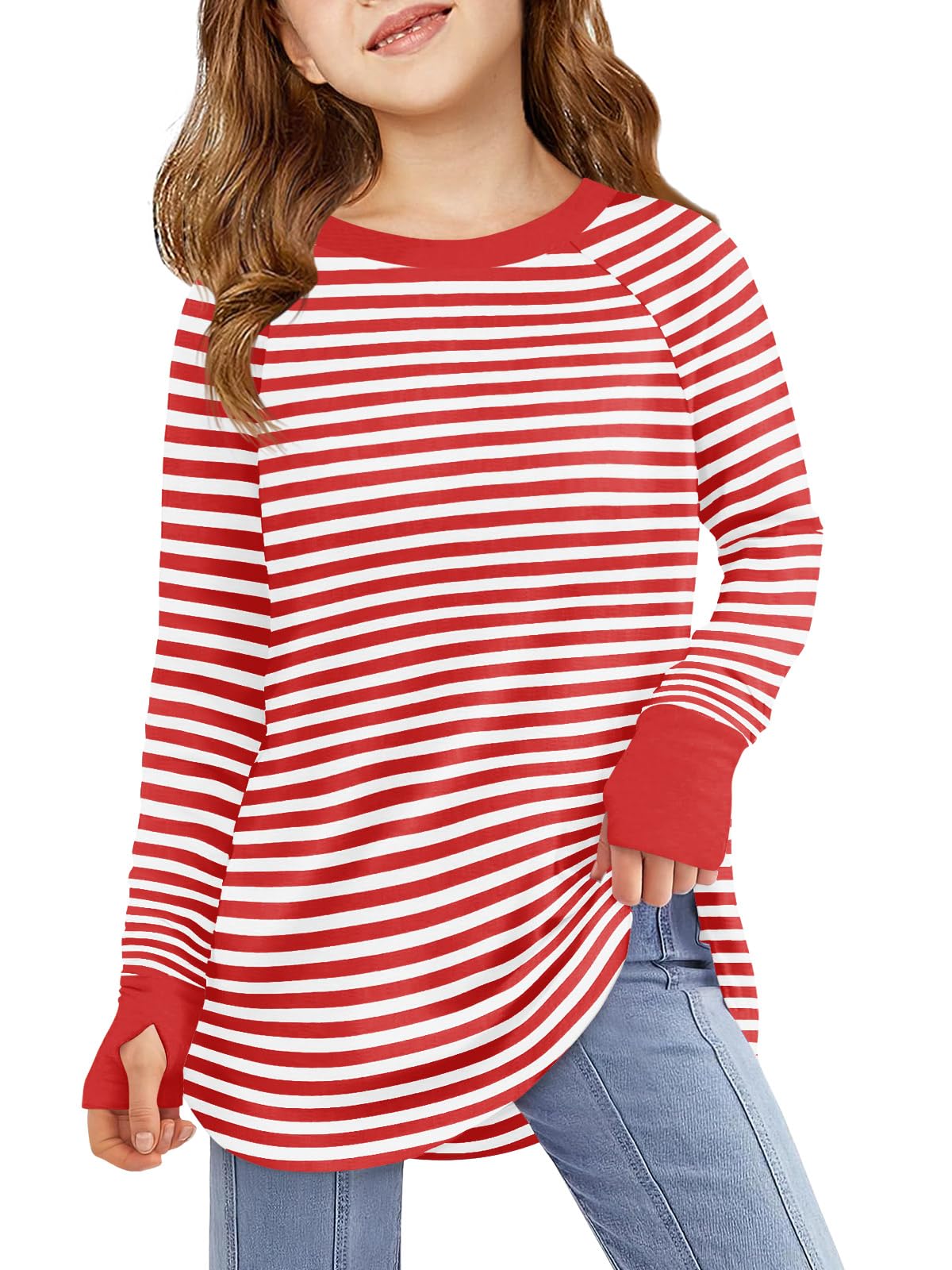Haloumoning Girls Striped Thumb Hole Long Sleeve Shirts Kids Crewneck Tunic Tops Curved Hem Tees 5-14 Years
