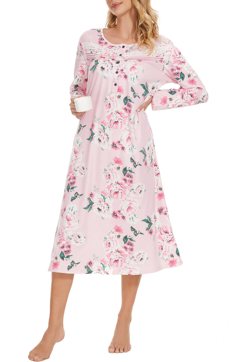YOZLY Nightgowns for Women Soft Cotton Long Sleeve Night Gwon with Pockets-3
