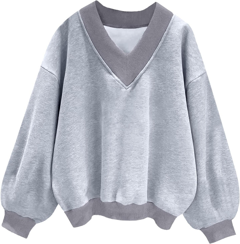 Hilinker Womens V Neck Oversized Sweatshirts Casual Drop Shoulder Long Sleeve Pullover Tops-44