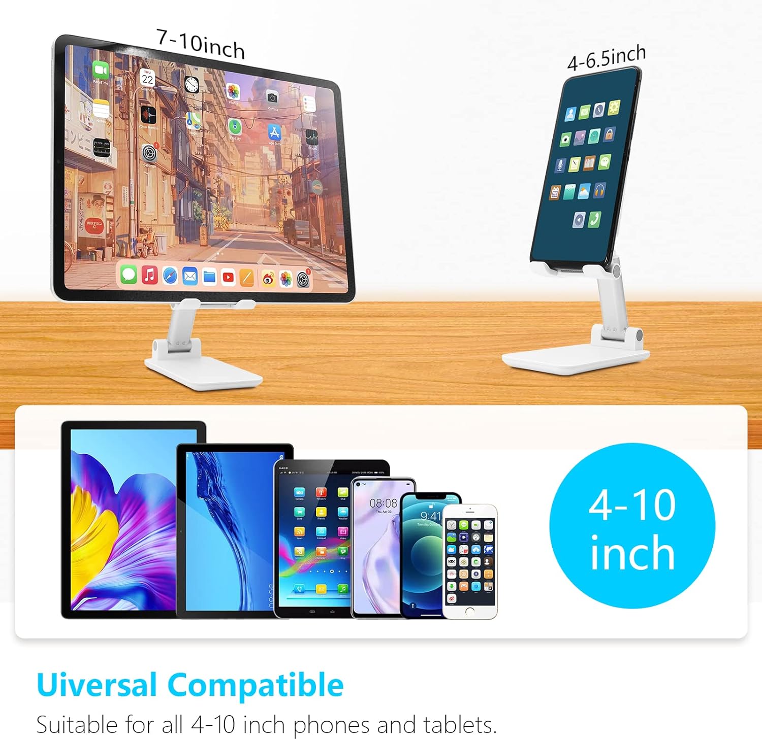 Cell Phone Stand, Folding Desktop Phone Stand, Angle Height Adjustable Mobile Phone Holder for Desk, Office, Tablet Stand Compatible with All Phones 4-10 Inches Cell Phone/Tablet (White)