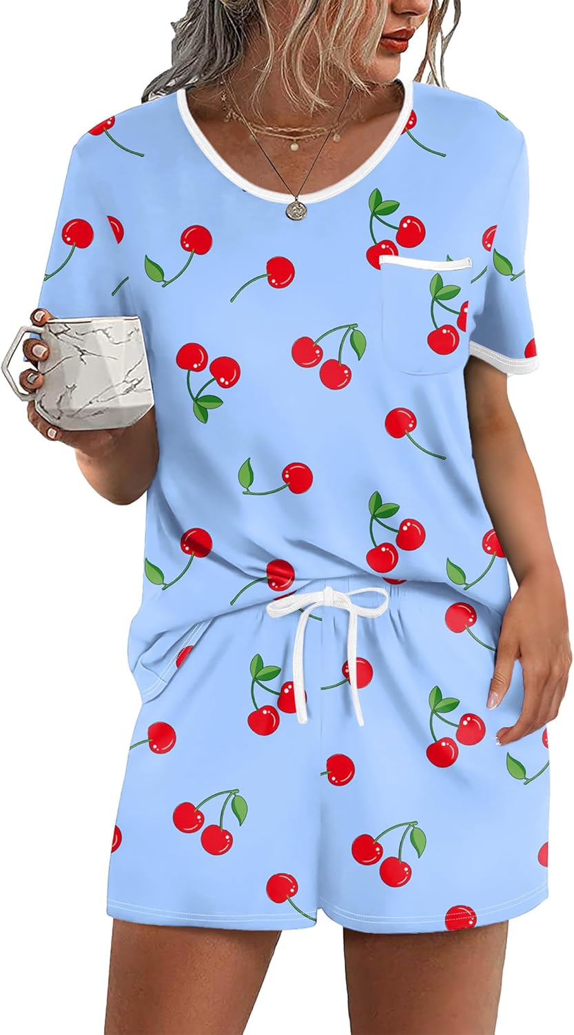 Ekouaer Pajama Set for Women 2 Piece Lounge Set Short Sleeve Tops and Shorts Soft Sleepwear, Chest Pocket-72
