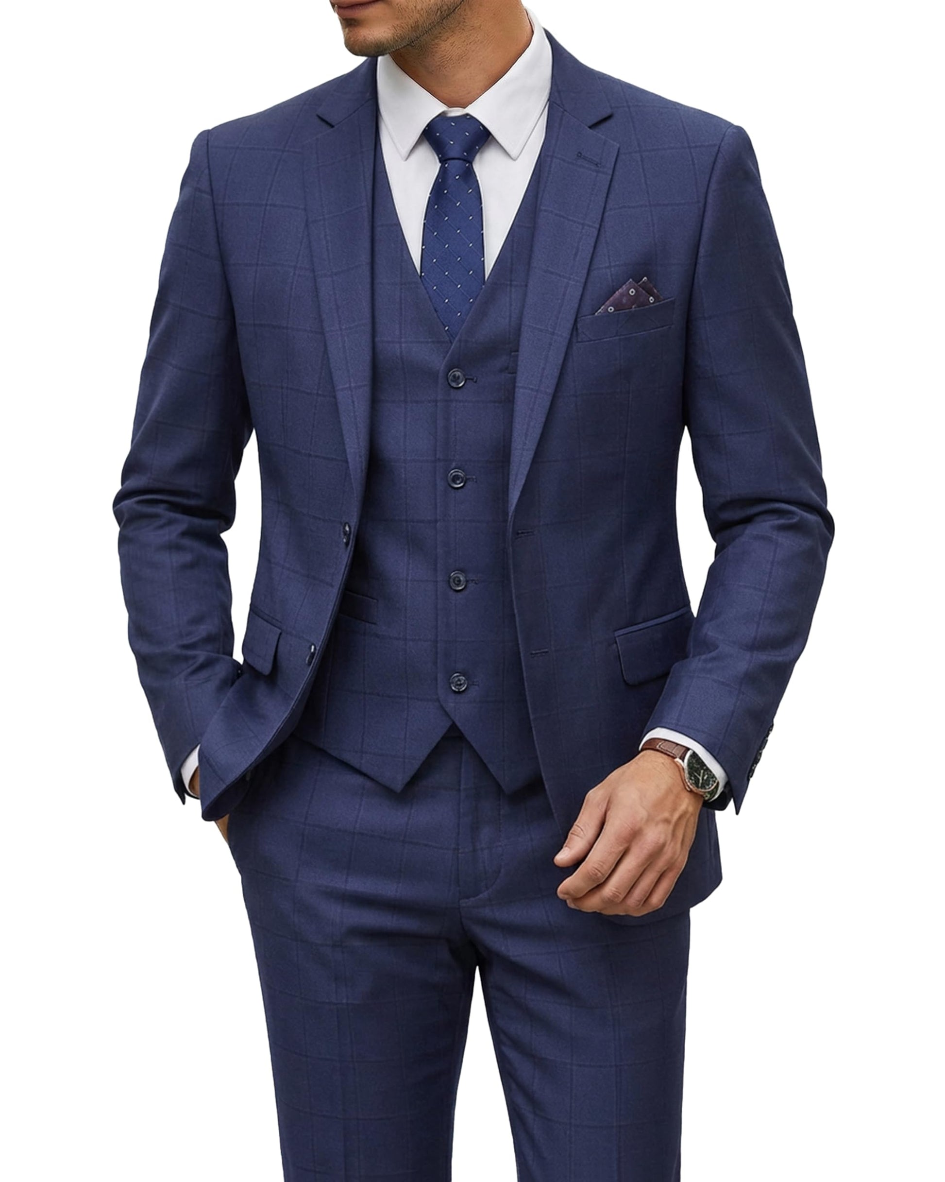 YND Men's 3 Piece Suit Set with Tie, 2 Button Slim Fit Solid Blazer Jacket Vest Pants, Business Wedding Party Suits for Men-7