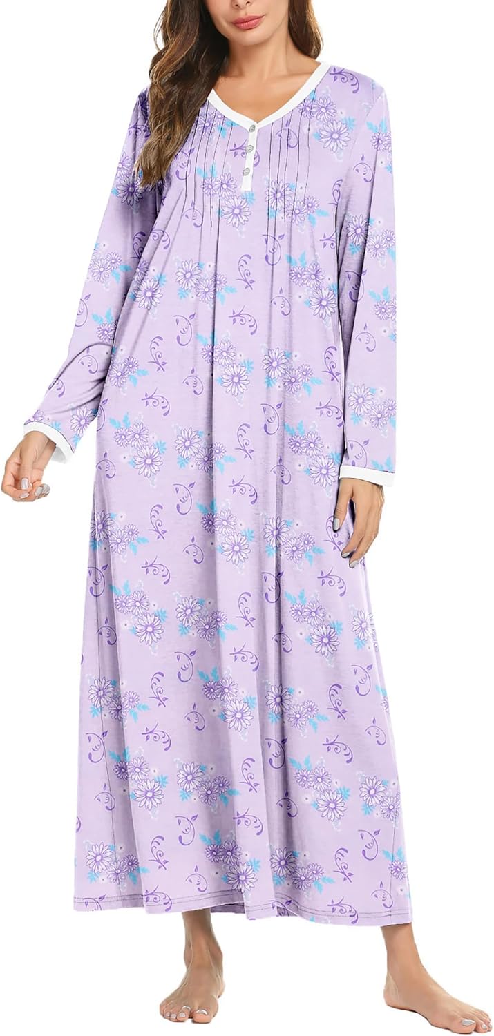 Ekouaer Women's Long Sleeve Nightgown Full Length Sleepwear Long Sleepshirts Henley Sleep Dress S-4XL-35