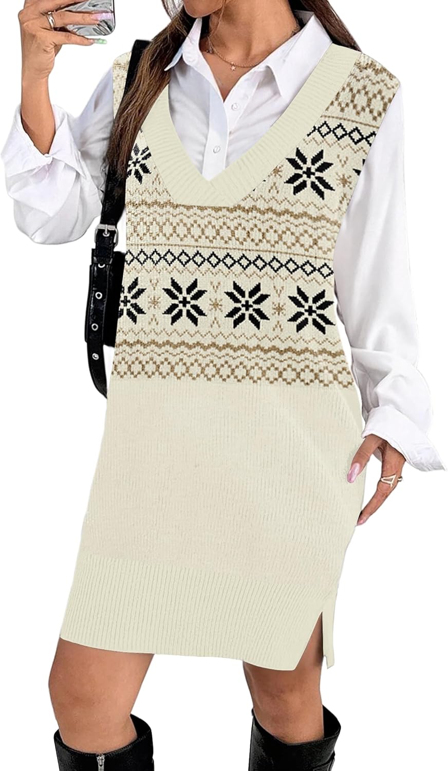 Zeagoo Women's V Neck Sweater Vest Dress Oversized Sleeveless Casual Pullover Sweater Fall Winter Knit Slit Short Dress