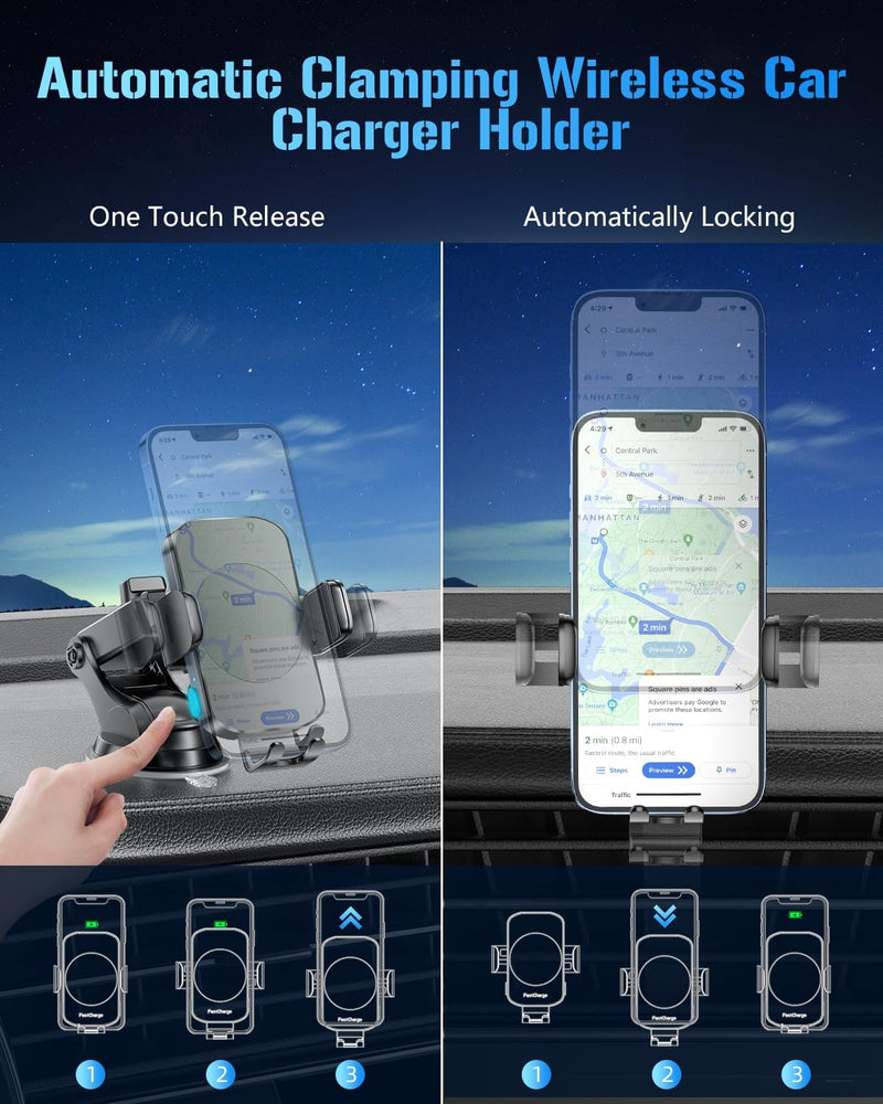 Wireless Car Charger, Fast Charging Phone Holder 3 in 1 Phone Mount Auto Clamping Car Accessories Compatible with iPhone 16 15 14 13 12 11 Xs XR, Samsung S23 Ultra S22 S21 S20/S10+ S9(Midnight Black)