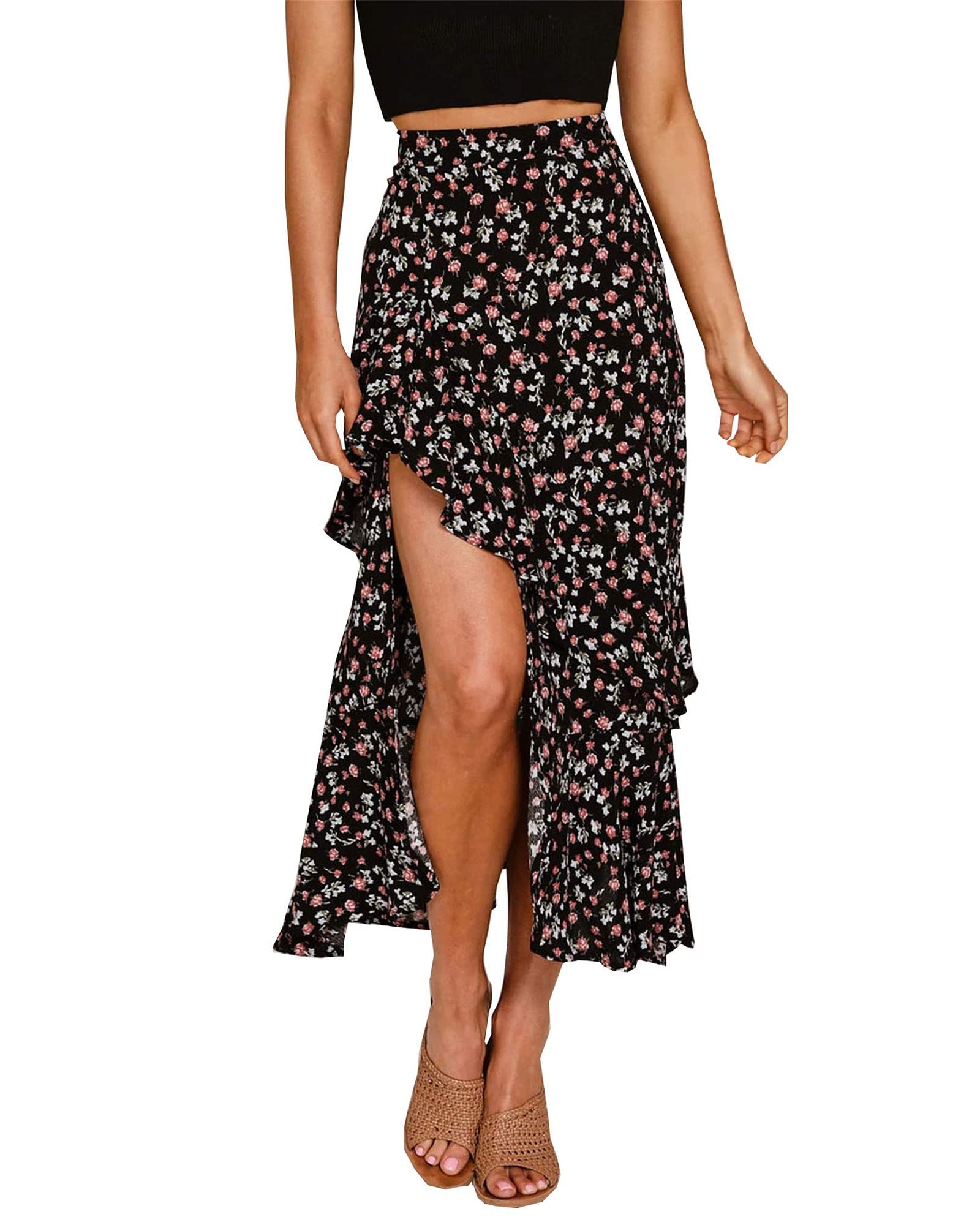 BTFBM Women 2026 Spring Summer Long Skirts Dress Boho Floral Elastic Waist Split Ruffle High Low Beach Maxi Skirt Clothes
