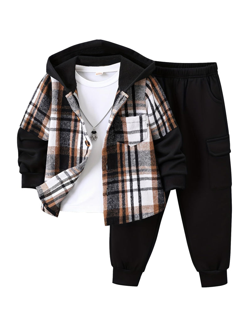 Fdqin 2Pcs Kids Boys Flannel Plaid Shirt Tops Pants Set Hoodie Sweatsuit for Fall Winter Spring Outfits 4-12 Years