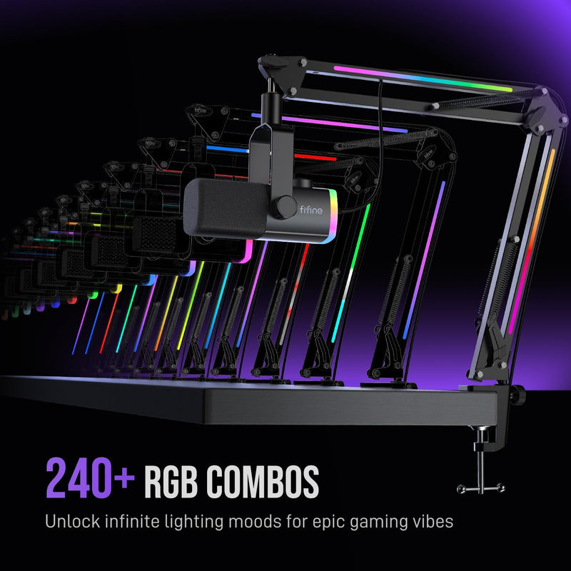FIFINE Gaming Microphone Kit, XLR/USB Dynamic PC Microphone with Boom Arm for Podcast Recording, RGB Streaming Mic Set, Tap-to-Mute, Mix Control, Headphone Jack-AmpliGame AM8PROT