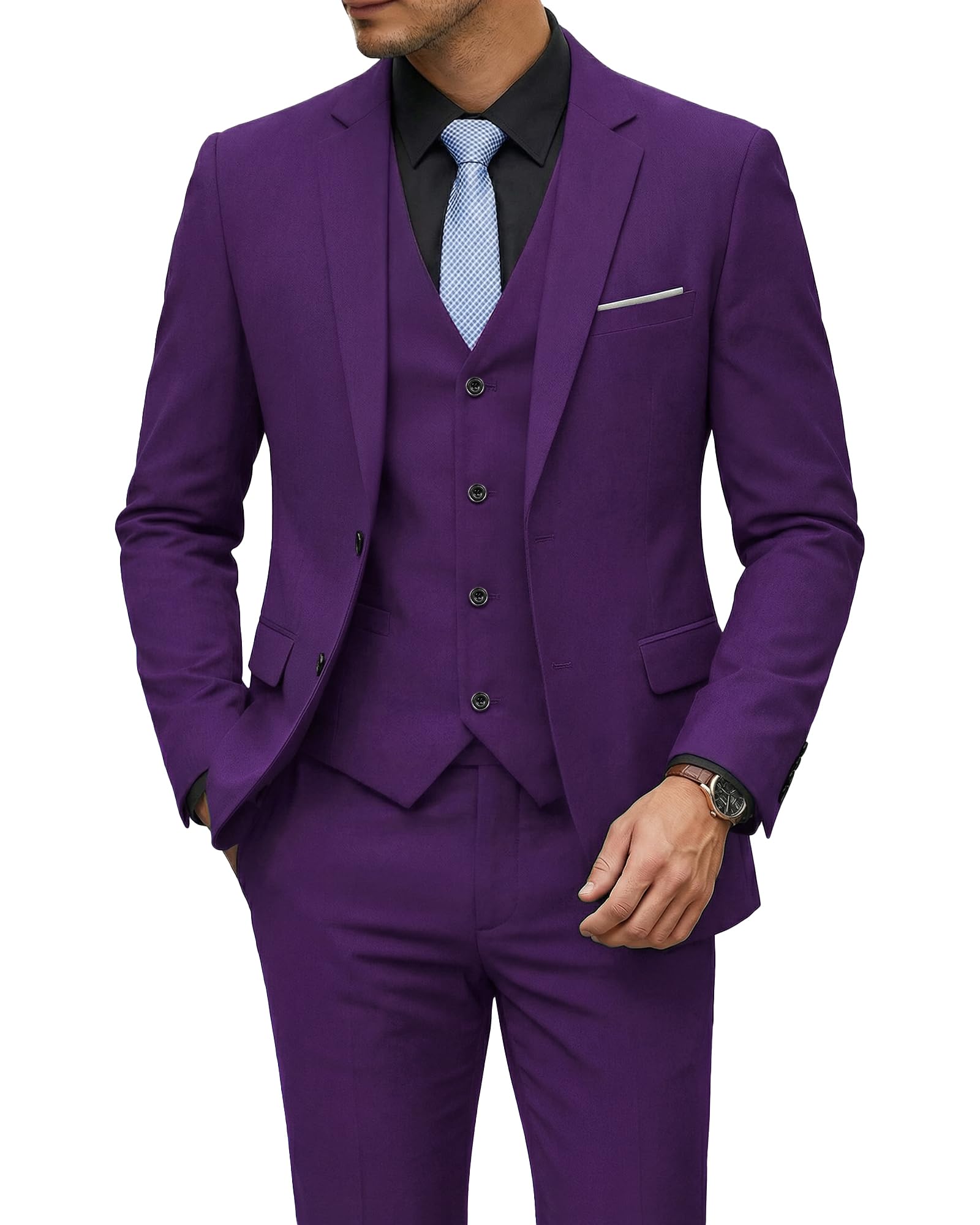 YND Men's 3 Piece Suit Set with Tie, 2 Button Slim Fit Solid Blazer Jacket Vest Pants, Business Wedding Party Suits for Men-44
