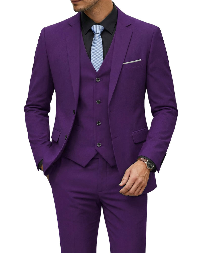 YND Men's 3 Piece Suit Set with Tie, 2 Button Slim Fit Solid Blazer Jacket Vest Pants, Business Wedding Party Suits for Men-44