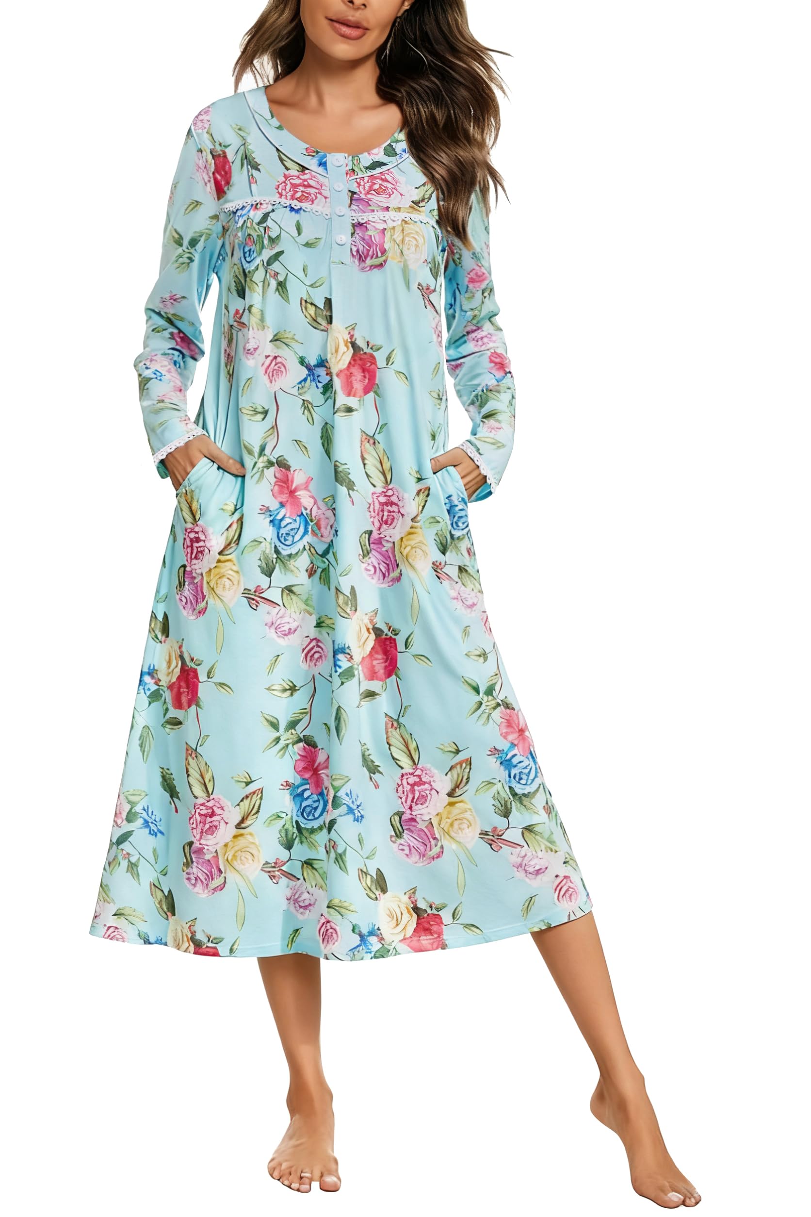 YOZLY Nightgowns for Women Soft Cotton Long Sleeve Night Gwon with Pockets-8