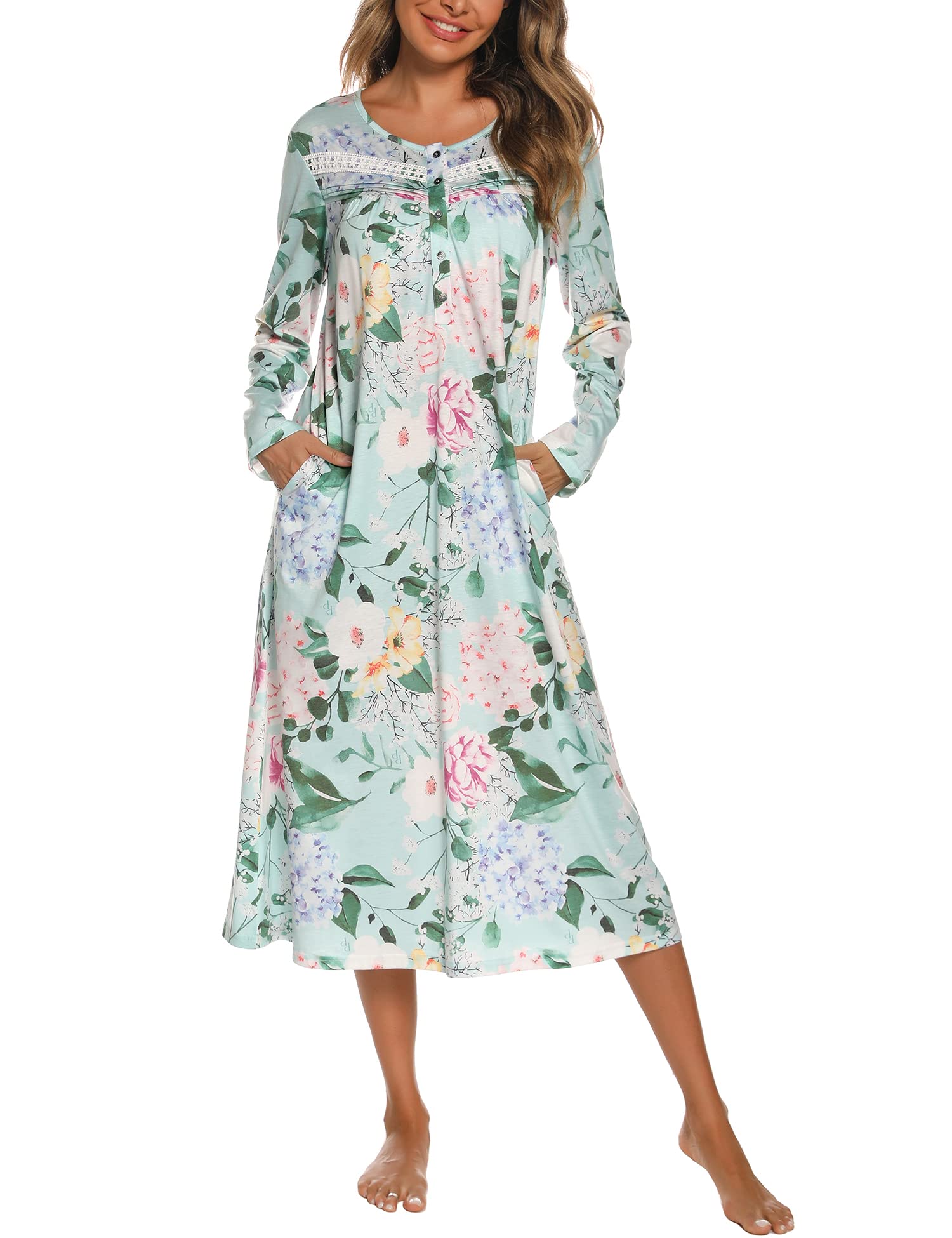 YOZLY Nightgowns for Women Soft Cotton Long Sleeve Night Gwon with Pockets-54