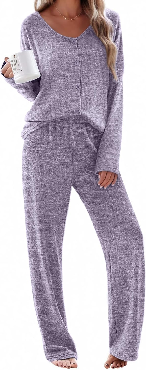 Ekouaer Womens Pajama Sets Button Up Long Sleeve Pjs Soft Lounge Set 2 Piece Sleepwear with Pockets-21
