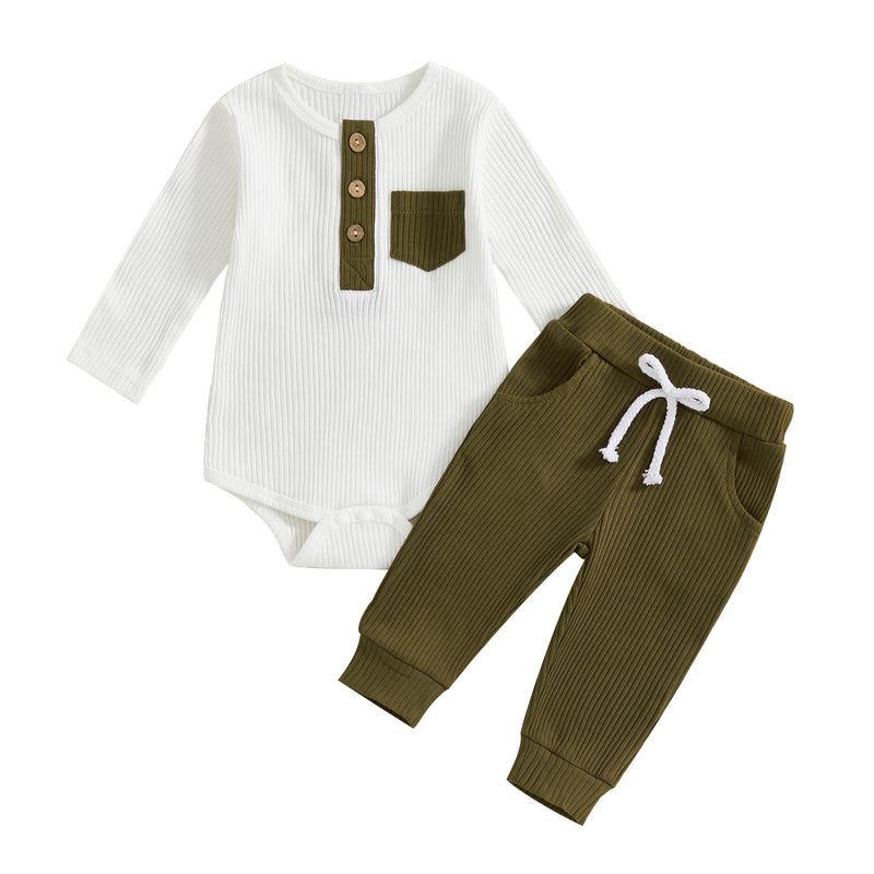 fhutpw Baby Boy Clothes 3 6 12 18 Months Ribbed Knitted Long Sleeve Romper and Pants Sets Newborn Fall Splicing Color Outfits
