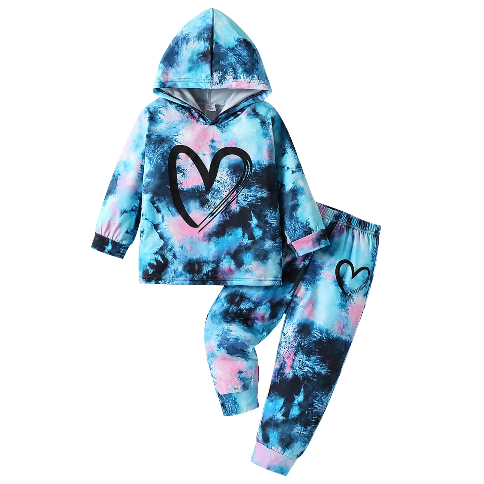 Toddler Baby Girls Clothes Long-sleeve Tie Dye Hoodie Pullover and Sweatpants Heart Print Hooded Outfits Set