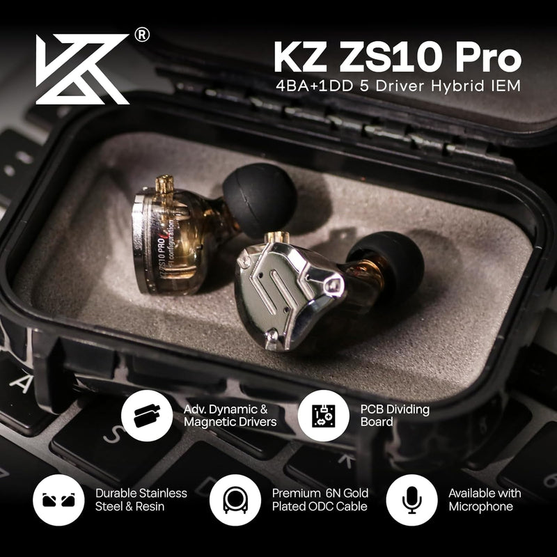 Linsoul KZ ZS10 Pro, 4BA+1DD 5 Driver in Ear Monitor, HiFi Wired Earbuds, Gaming Earbuds, Hybrid IEM Earphones with Stainless Steel Faceplate, Detachable Cable for Musician(Without Mic, Black)