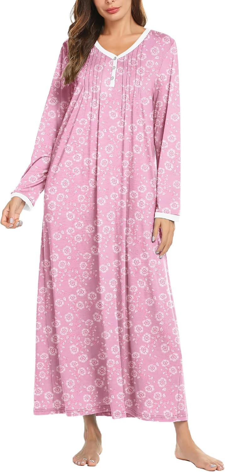 Ekouaer Women's Long Sleeve Nightgown Full Length Sleepwear Long Sleepshirts Henley Sleep Dress S-4XL-63