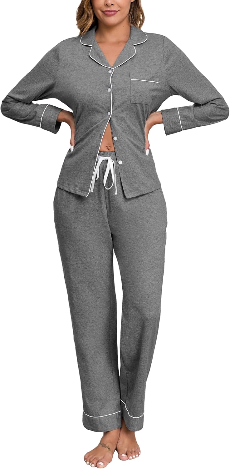 Veseacky 100% Cotton Pajamas for Women Set Long Sleeve Button Down Sleepwear Soft Pjs Lounge Sets with Pockets XS-XXL-40