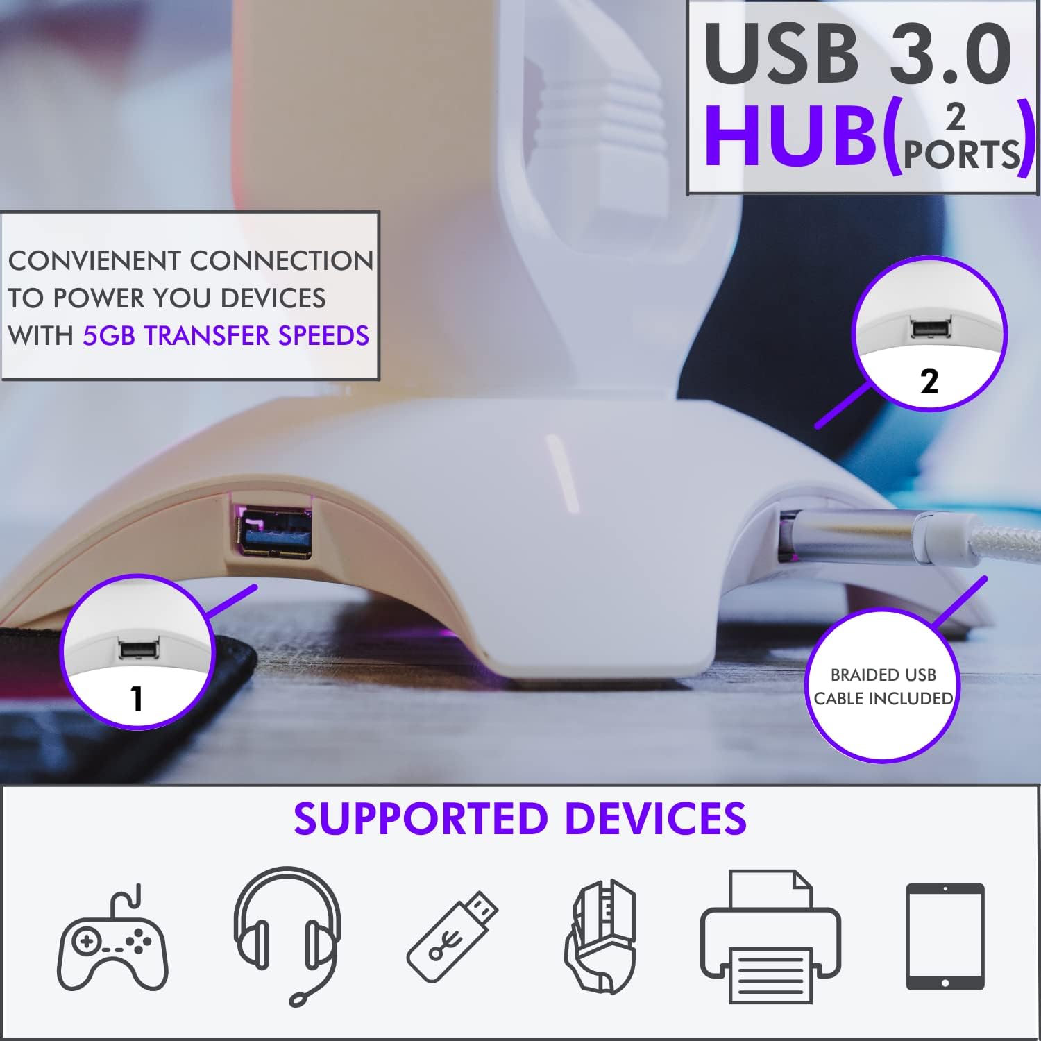 Tilted Nation Gaming Headphone Stand | RGB Headset Stand White | Headset Holder for Desk with Mouse Bungee and USB Hub | The Ultimate Gaming Accessories for Gamers for PS5, Xbox, PC - White