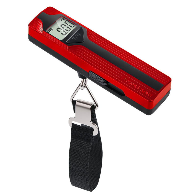travel inspira Battery-Free Luggage Scale 110lb/50kg Digital Portable | Battery-free luggage scale, pump to power, 110lb/50kg, ±50g, lb/kg switch, tare, overload alert, travel essential