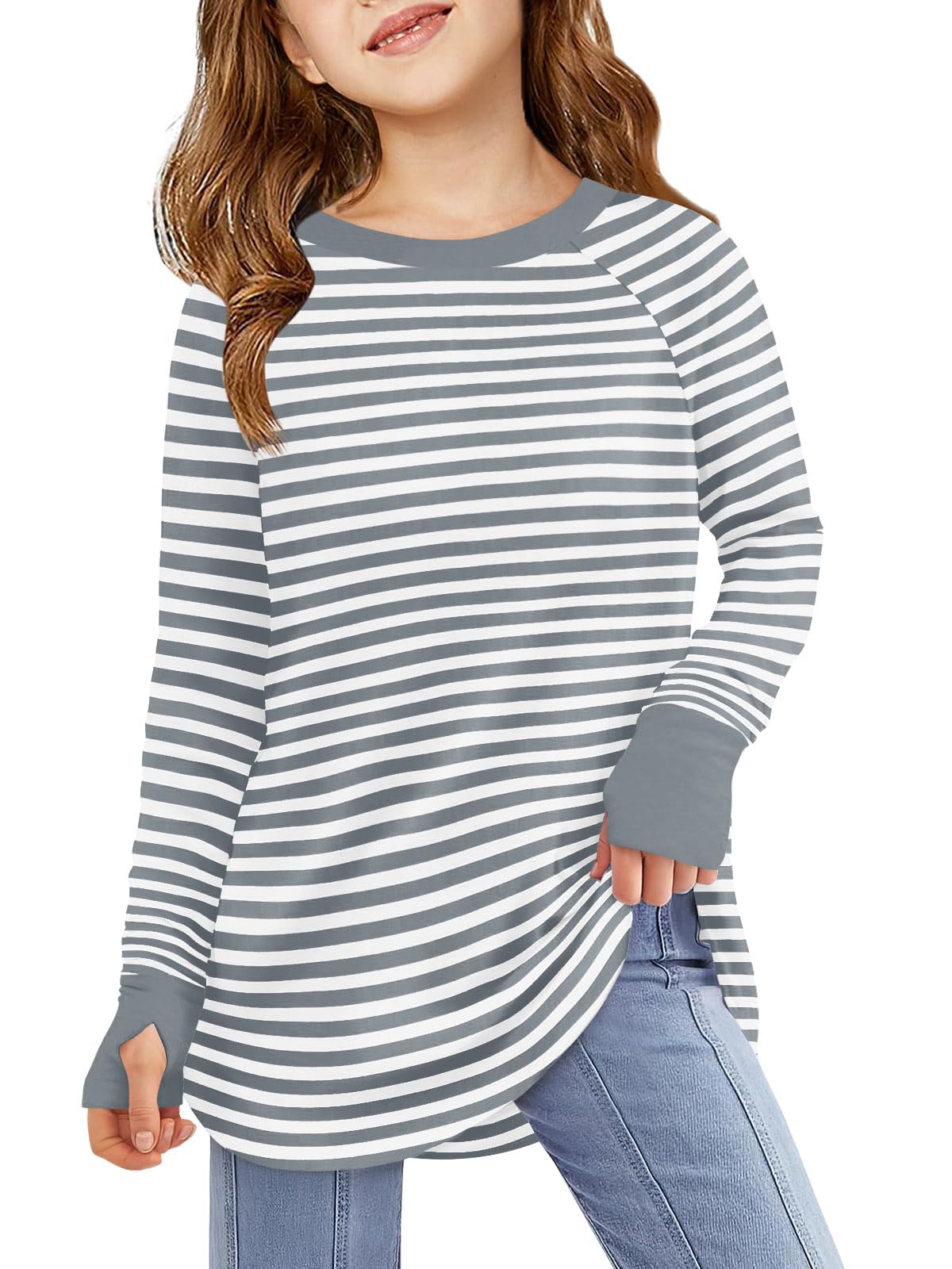 Haloumoning Girls Striped Thumb Hole Long Sleeve Shirts Kids Crewneck Tunic Tops Curved Hem Tees 5-14 Years