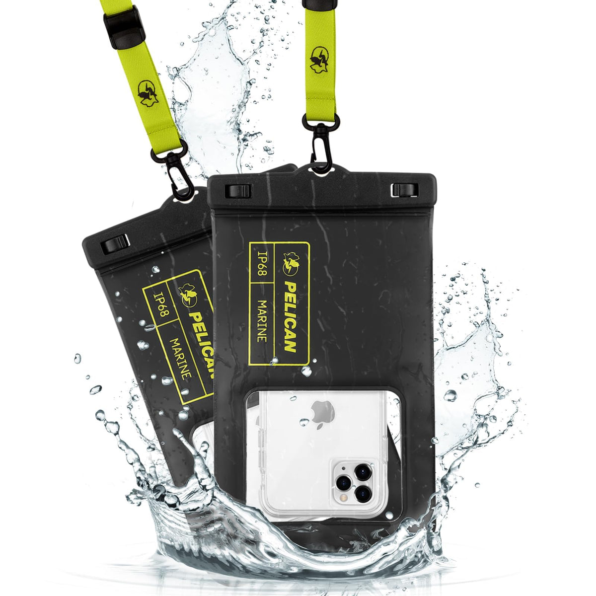 Pelican 2 Pack Marine Waterproof Phone Pouch (Regular) -Black/Hi-Vis Yellow | Touchscreen IP68 Floating Waterproof Phone Case w/Detachable Lanyard - Fits All Phones - Beach Cruise Ship Travel Essentials