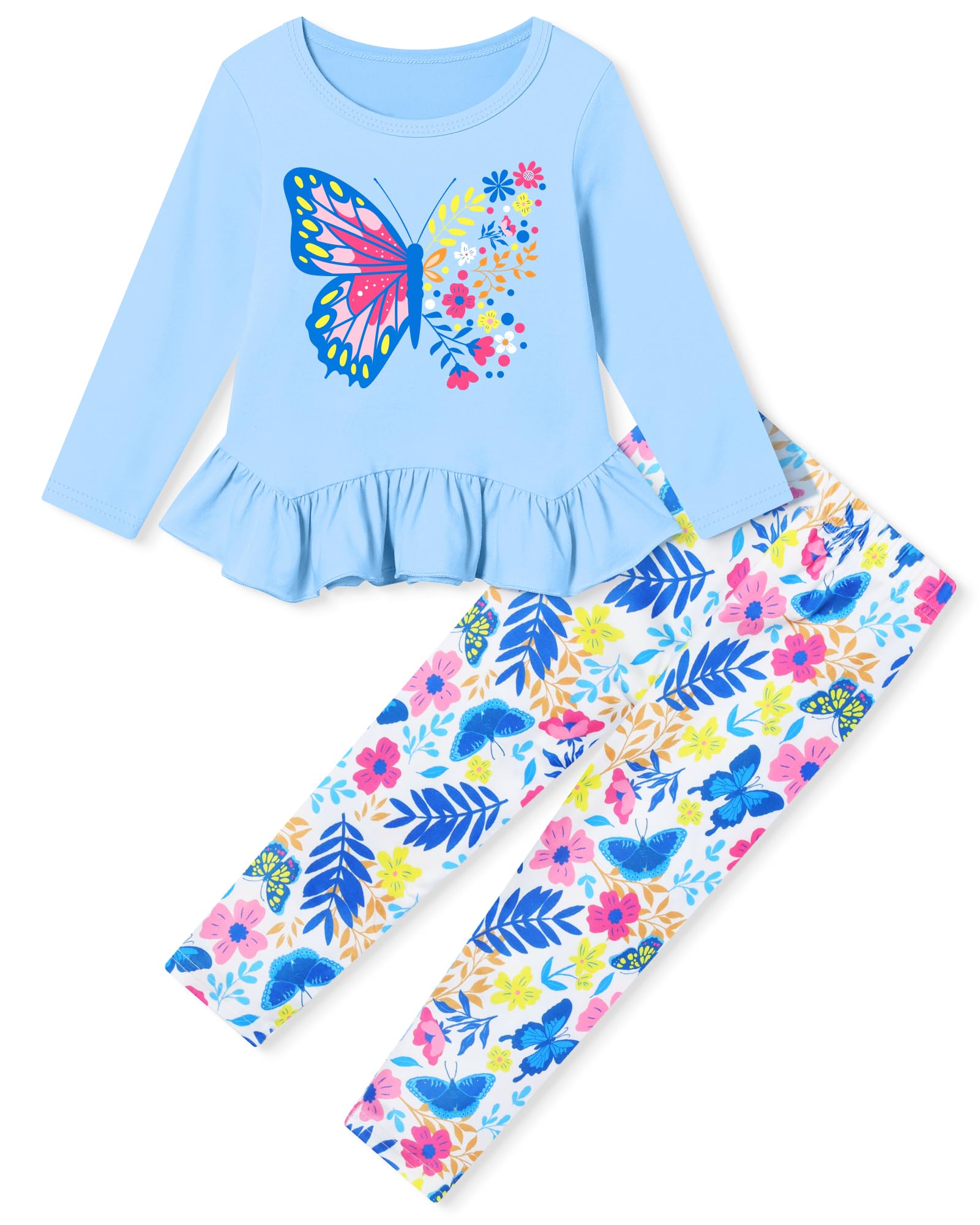 CARETOO Toddler Girl Clothes Girl 2pcs Fall Winter Outfit Ruffle Hem Top and Full-print Patterned Pants 2-7 Years