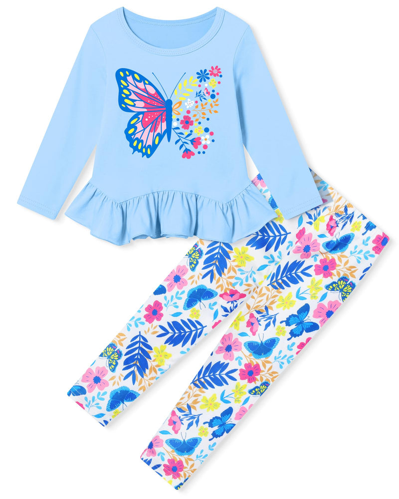 CARETOO Toddler Girl Clothes Girl 2pcs Fall Winter Outfit Ruffle Hem Top and Full-print Patterned Pants 2-7 Years