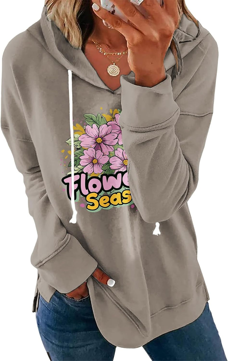 Womens Casual Loose Fit Pullover Sweatshirt with Artistic Print Drawstring Hood Long Sleeve Cotton Blend for Fall-40