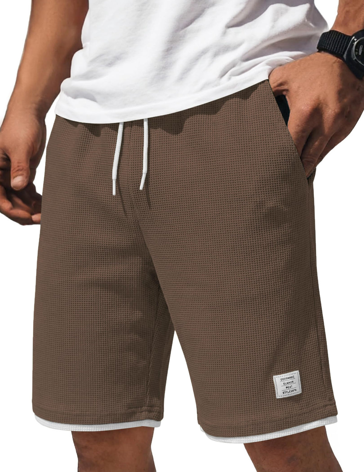 COOFANDY Mens Casual Shorts Cotton Drawstring 9 inch Waffle Shorts Stretch Elastic Waist Summer Beach Lounge Sweat Shorts