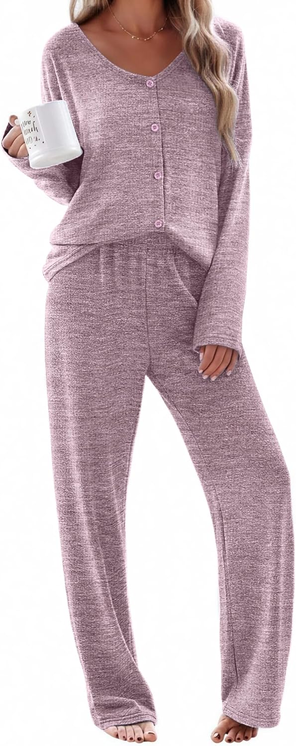 Ekouaer Womens Pajama Sets Button Up Long Sleeve Pjs Soft Lounge Set 2 Piece Sleepwear with Pockets-20