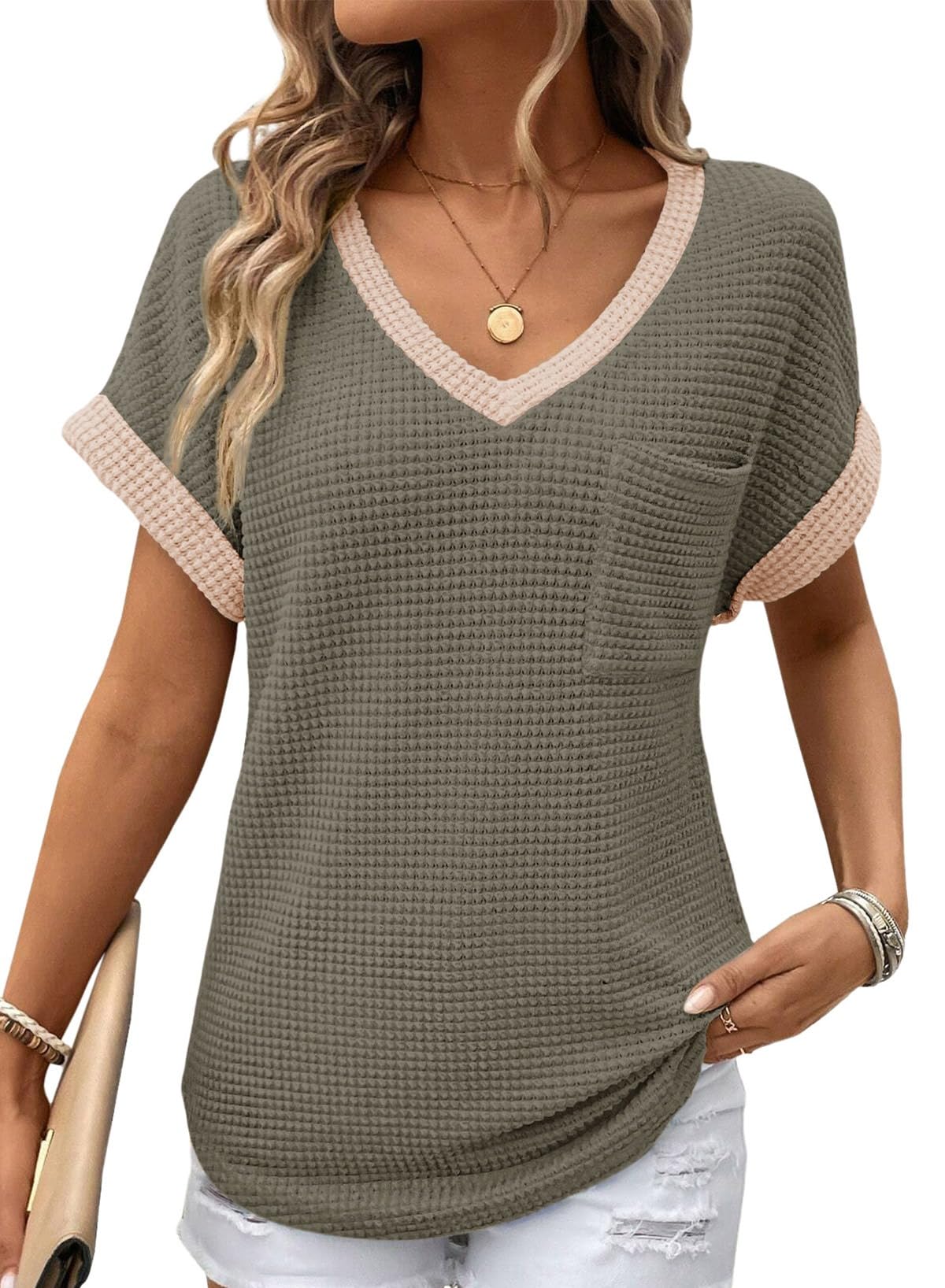 Dokotoo Womens Waffle Knit Tops 2026 Spring Summer V Neck Shirts Casual Trendy Women's Blouses Basic Tee-45