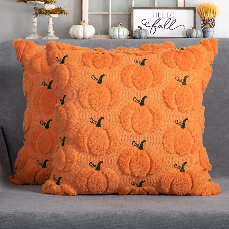 4TH Emotion Fall Pumpkins Leaves Decorative Pillow Covers 18"x18" Set of 2, Beige Soft Plush Faux Fur Throw Cushion Cases for Autumn Thanksgiving Holiday Home Decorations